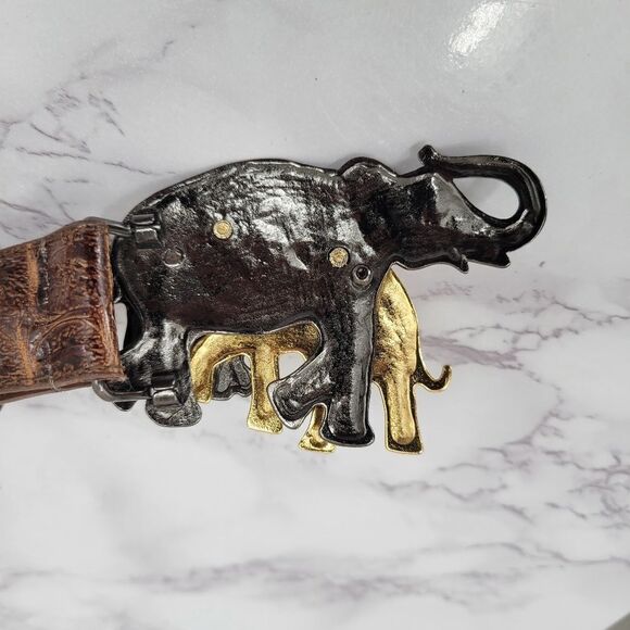 Elephant Buckle Gold Silver Toned Genuine Leather Embossed Croc Pattern - Picture 9 of 11